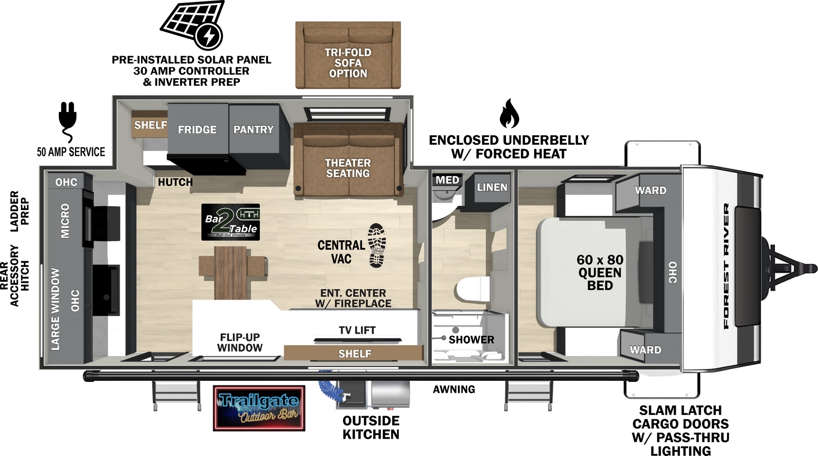 The Ibex 25MLB floorplan has two entries and one slide out. Exterior features include: fiberglass exterior and outside kitchen. Interiors features include: rear kitchen, front bedroom and pass through bathroom.